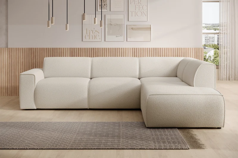 Ecksofa Bouvi L-förmig mit rechter Armlehne, cremefarbenes Bouclé