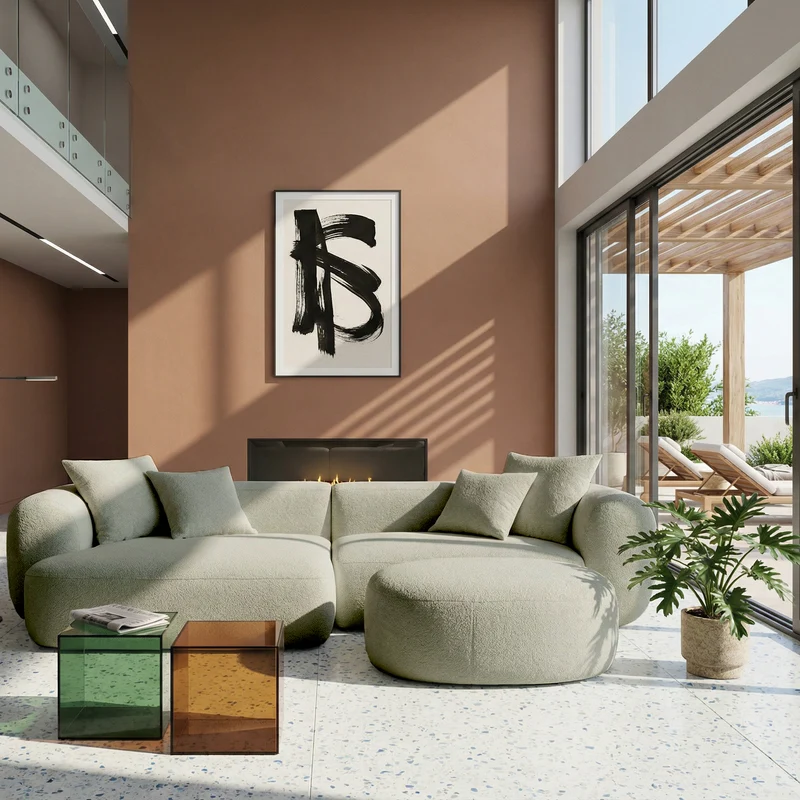 Modulares Ecksofa Baomi, L-förmig, mit Pouf, linksseitig, Salbeigrün, Chenille