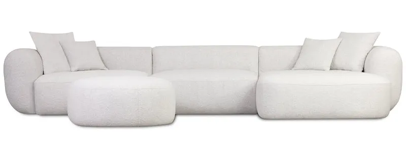 Modulares Ecksofa Baomi, großes L-förmiges, mit Pouf, rechtsseitig, grau-beige Chenille