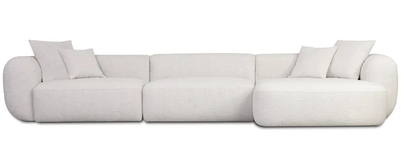 Modulares Ecksofa Baomi, großes L-förmiges, mit Pouf, rechtsseitig, grau-beige Chenille