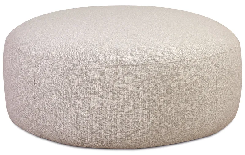 Modulares Ecksofa Baomi, großes L-förmiges Sofa mit Pouf, rechtsseitig, hellbeige Chenille