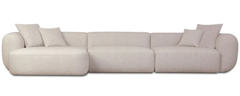 Modulares Ecksofa Baomi, großes L-förmiges Sofa mit Hocker, linksseitig, hellbeige Chenille