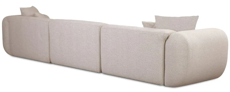 Modulares Ecksofa Baomi, großes L-förmiges Sofa mit Pouf, rechtsseitig, hellbeige Chenille