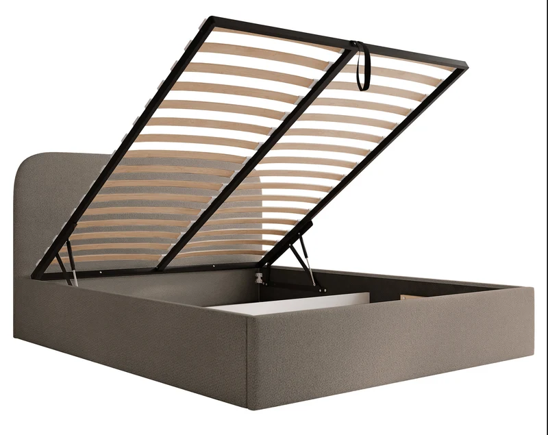 Polsterbett 180x200 cm Sonvivo mit Bettkasten, hellbrauner Chenille-Stoff, Metallrahmen