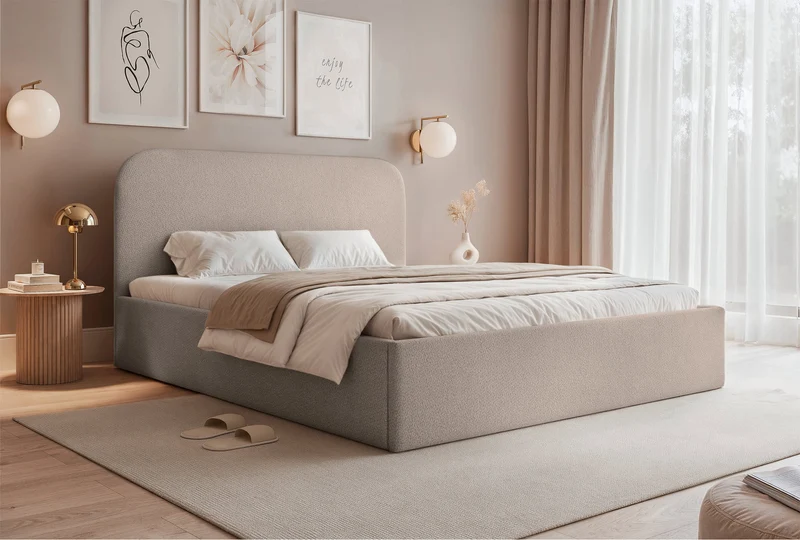 Polsterbett 180x200 cm Sonvivo mit Bettkasten, beige Chenille, Metallrahmen
