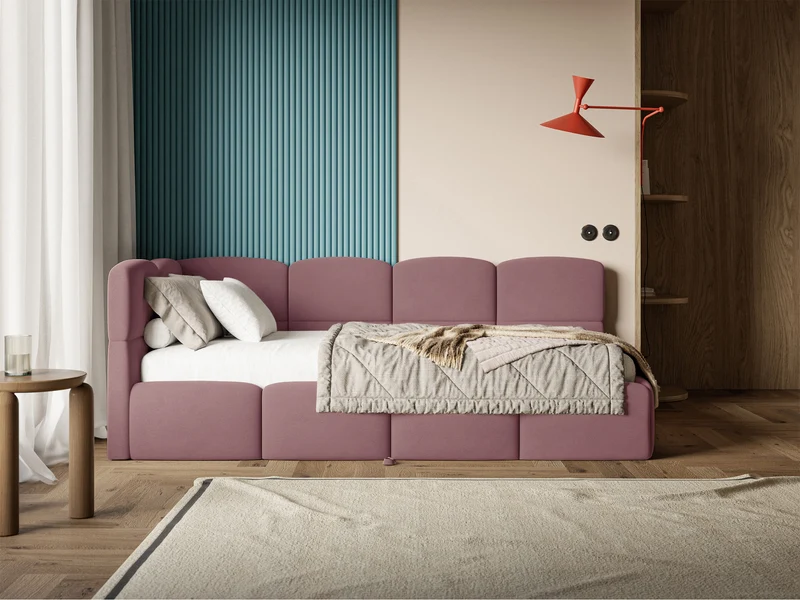 Jugendbett 90x200 cm Cloudy, ausziehbar, linksseitig, mit Matratzen, rosa Velours, wasserabweisend und pflegeleicht