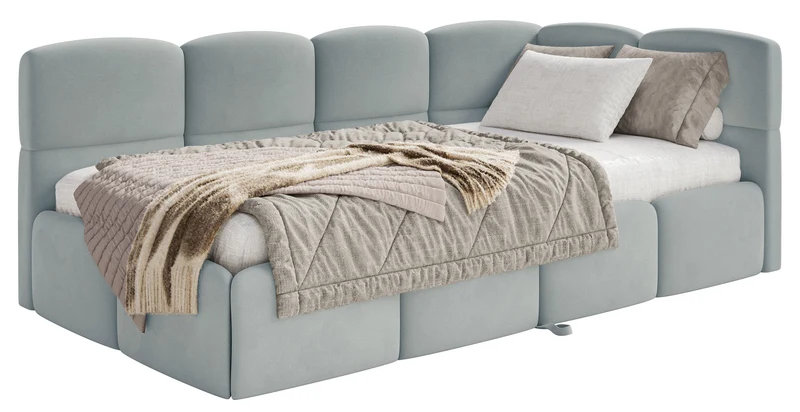 Jugendbett 90x200 cm Cloudy, rechtsseitig ausziehbar, mit Matratzen, grauer Velours, wasserabweisend und pflegeleicht