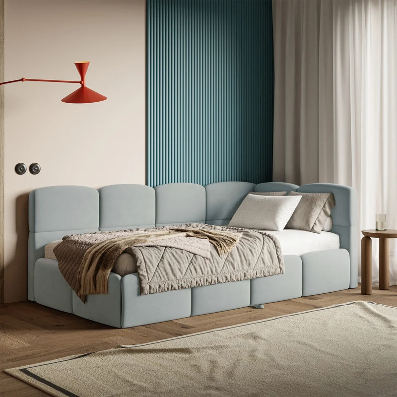 Jugendbett 90x200 cm Cloudy, rechtsseitig ausziehbar, mit Matratzen, grauer Velours, wasserabweisend und pflegeleicht