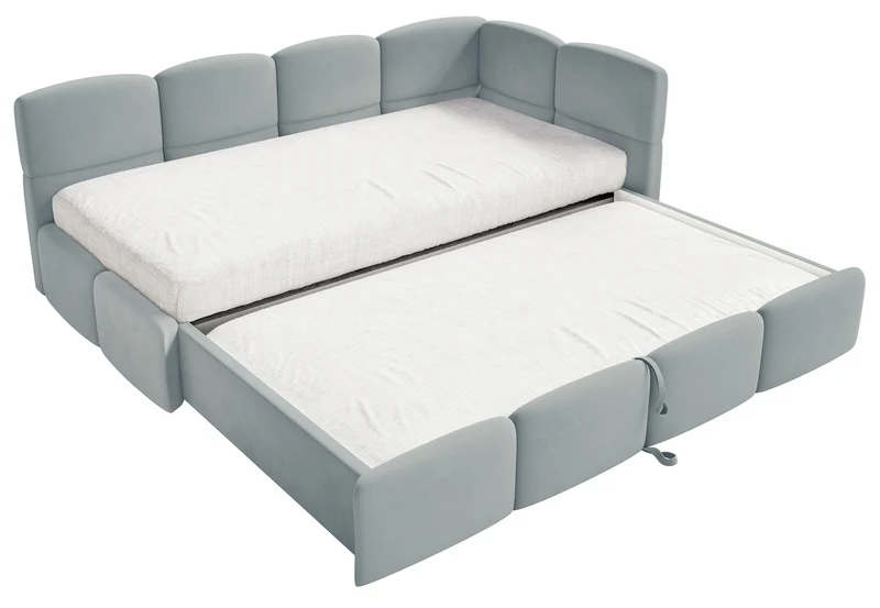 Jugendbett 90x200 cm Cloudy, rechtsseitig ausziehbar, mit Matratzen, grauer Velours, wasserabweisend und pflegeleicht
