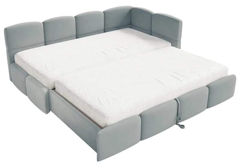 Jugendbett 90x200 cm Cloudy, rechtsseitig ausziehbar, mit Matratzen, grauer Velours, wasserabweisend und pflegeleicht
