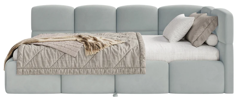 Jugendbett 90x200 cm Cloudy, rechtsseitig ausziehbar, mit Matratzen, grauer Velours, wasserabweisend und pflegeleicht
