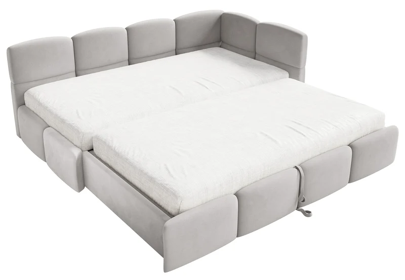 Jugendbett 90x200 cm Cloudy, rechtsseitig ausziehbar, mit Matratzen, hellgrauer Velours, wasserabweisend und pflegeleicht
