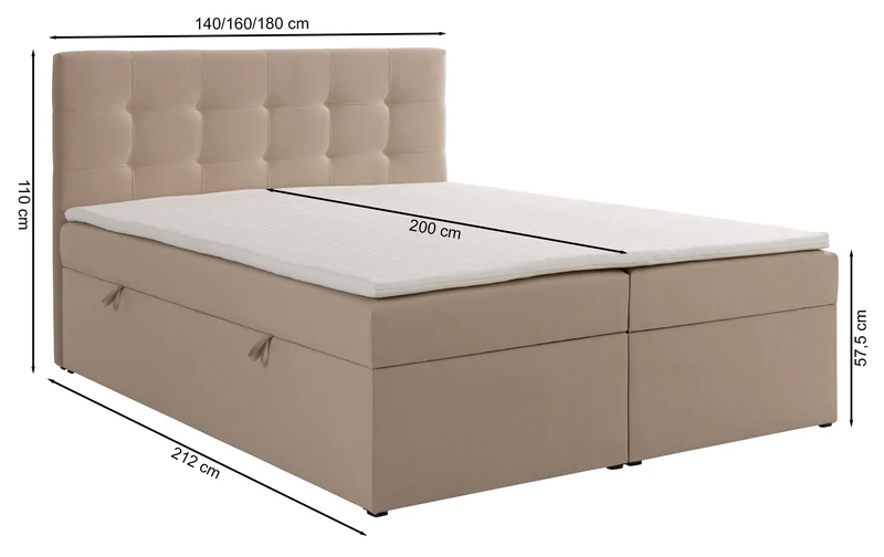Kontinentalbett 140x200 cm Ronneo mit Stauraum und Topper, hellbeiger Samt