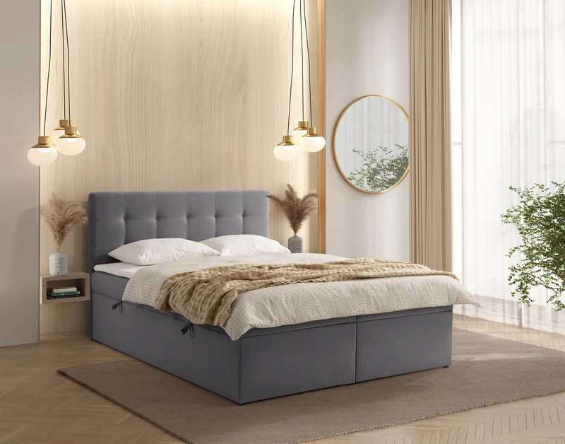 Kontinentalbett 160x200 cm Ronneo mit Stauraum und Topper, aschgrauer Samt