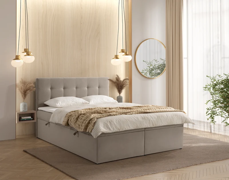 Kontinentalbett 160x200 cm Ronneo mit Stauraum und Topper, grau-beiges Samtstoff