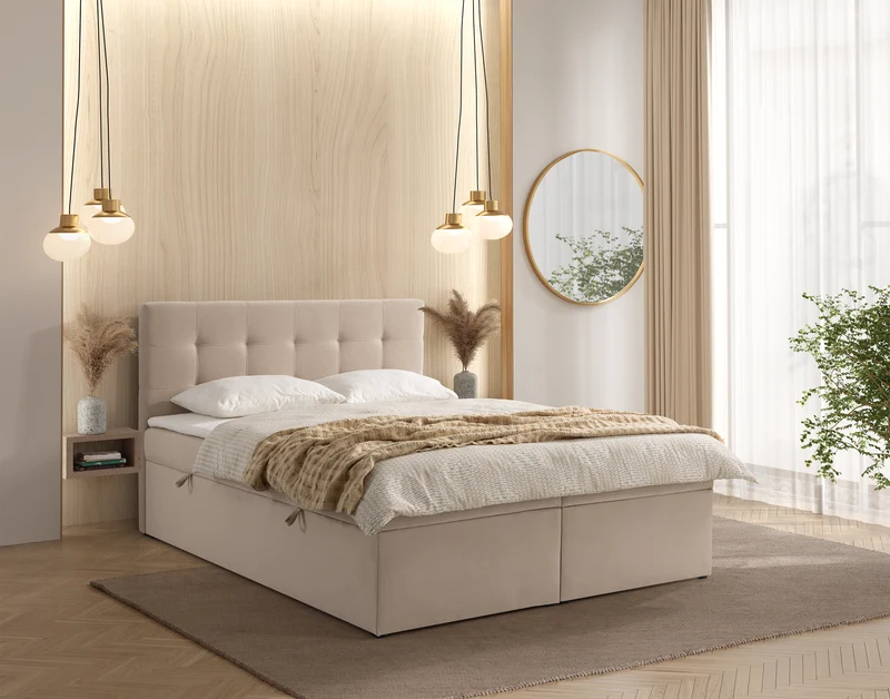 Kontinentales Bett 160x200 cm Ronneo mit Stauraum und Topper, hellbeiger Samt