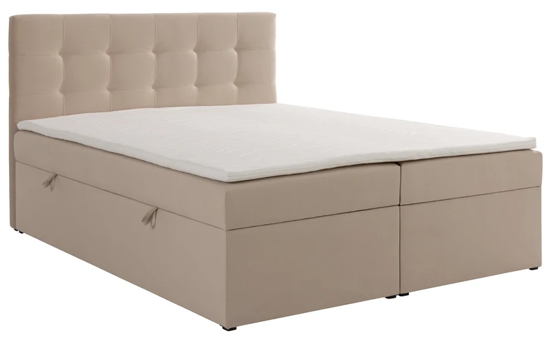 Kontinentales Bett 180x200 cm Ronneo mit Stauraum und Topper, hellbeiger Samt