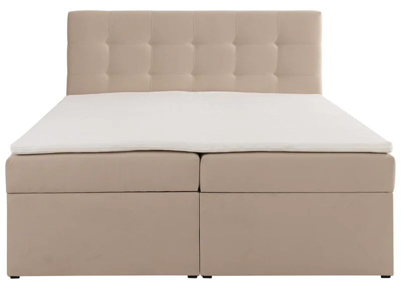Kontinentales Bett 180x200 cm Ronneo mit Stauraum und Topper, hellbeiger Samt
