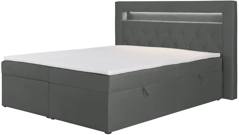 Kontinentales Bett 140x200 cm Goldess mit Stauraum und LED-Beleuchtung, dunkelgrauer Samt