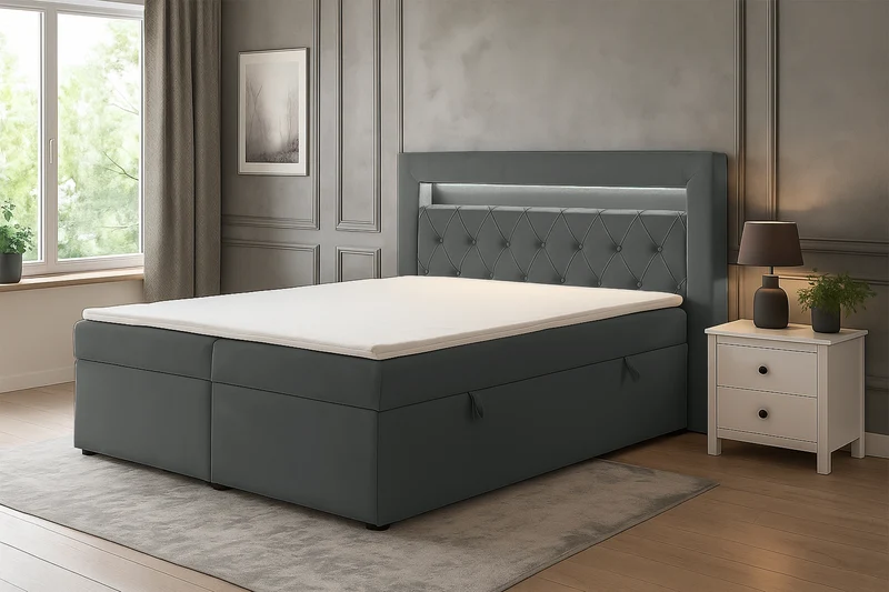 Kontinentales Bett 140x200 cm Goldess mit Stauraum und LED-Beleuchtung, dunkelgrauer Samt