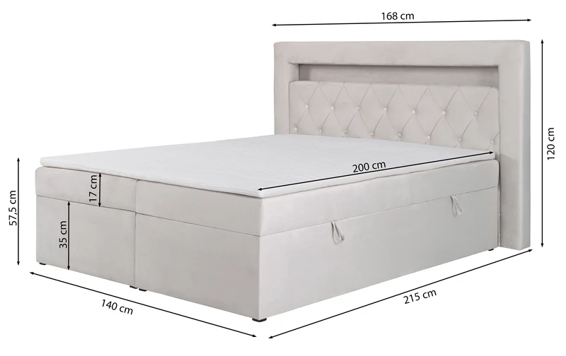 Kontinentalbett 140x200 cm Goldess mit Stauraum und LED-Beleuchtung, beige Samt