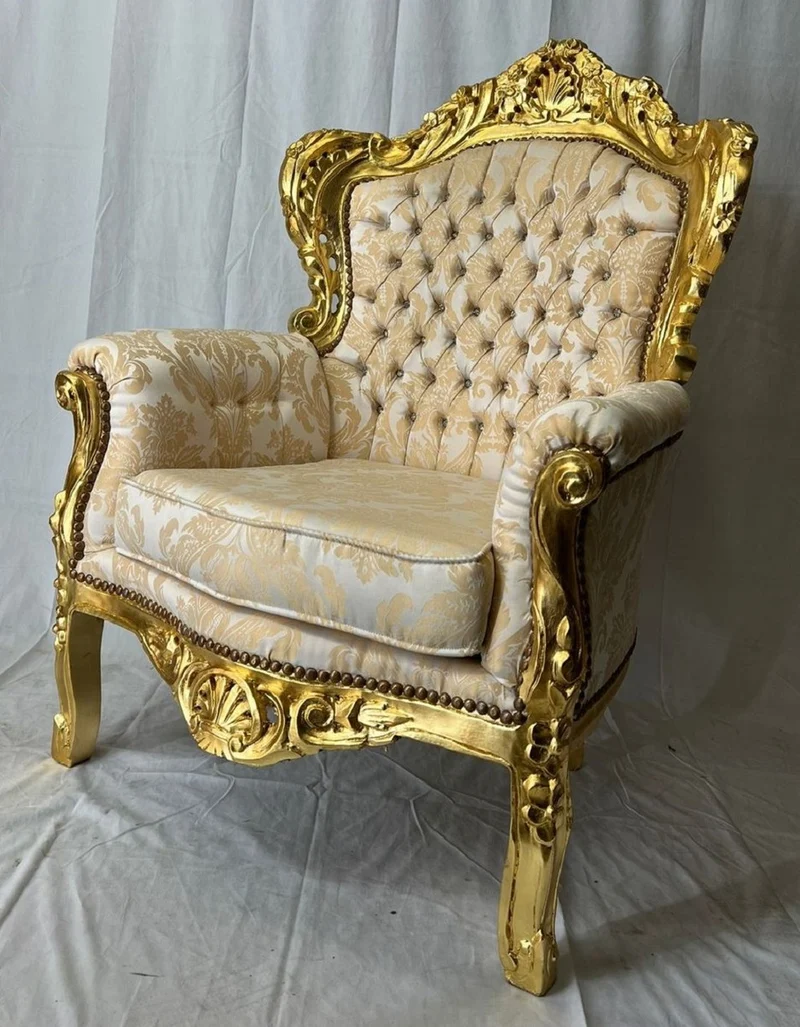 Casa Padrino Barock Sessel mit Glitzersteinen Grau / Beige / Gold - Wohnzimmer Möbel im Barockstil