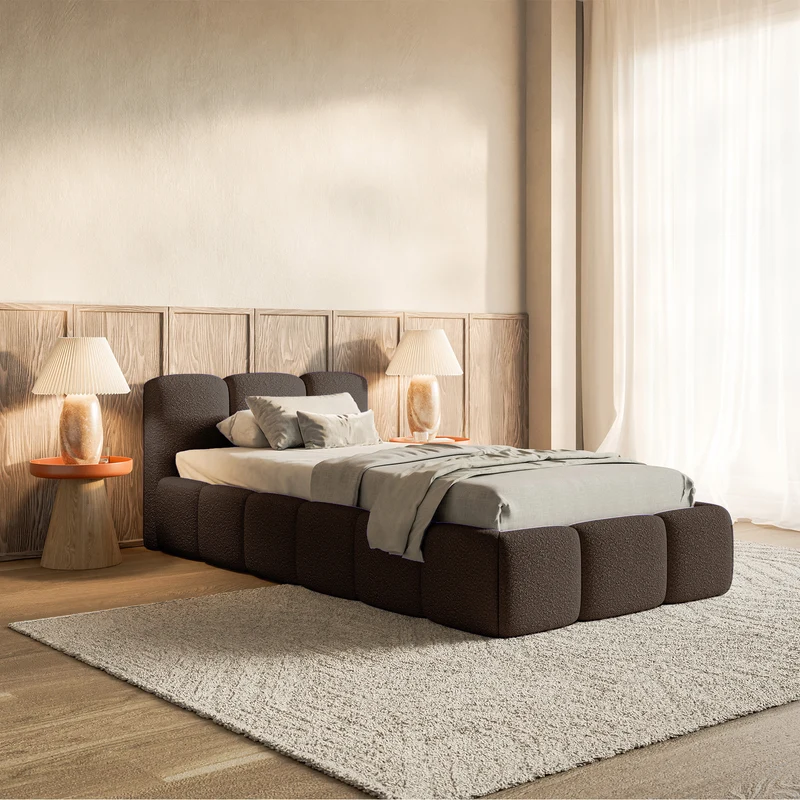 Polsterbett 90x200 cm Cloudy Low mit Stauraum, Metallrahmen, braunes Bouclé