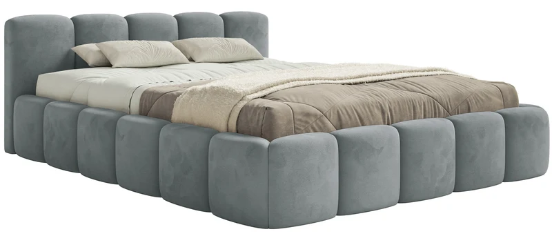 Gepolstertes Bett 120x200 cm Cloudy Low mit Stauraum, Metallrahmen, grauer Velours, wasserabweisend und pflegeleicht