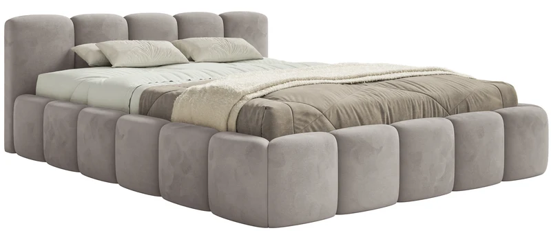 Gepolstertes Bett 120x200 cm Cloudy Low mit Stauraum, Metallrahmen, hellgrauer Velours, wasserabweisend und leicht zu reinigen