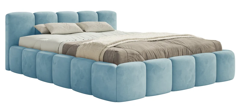 Gepolstertes Bett 120x200 cm Cloudy Low mit Stauraum, Metallrahmen, hellblauer Velours, wasserabweisend und pflegeleicht