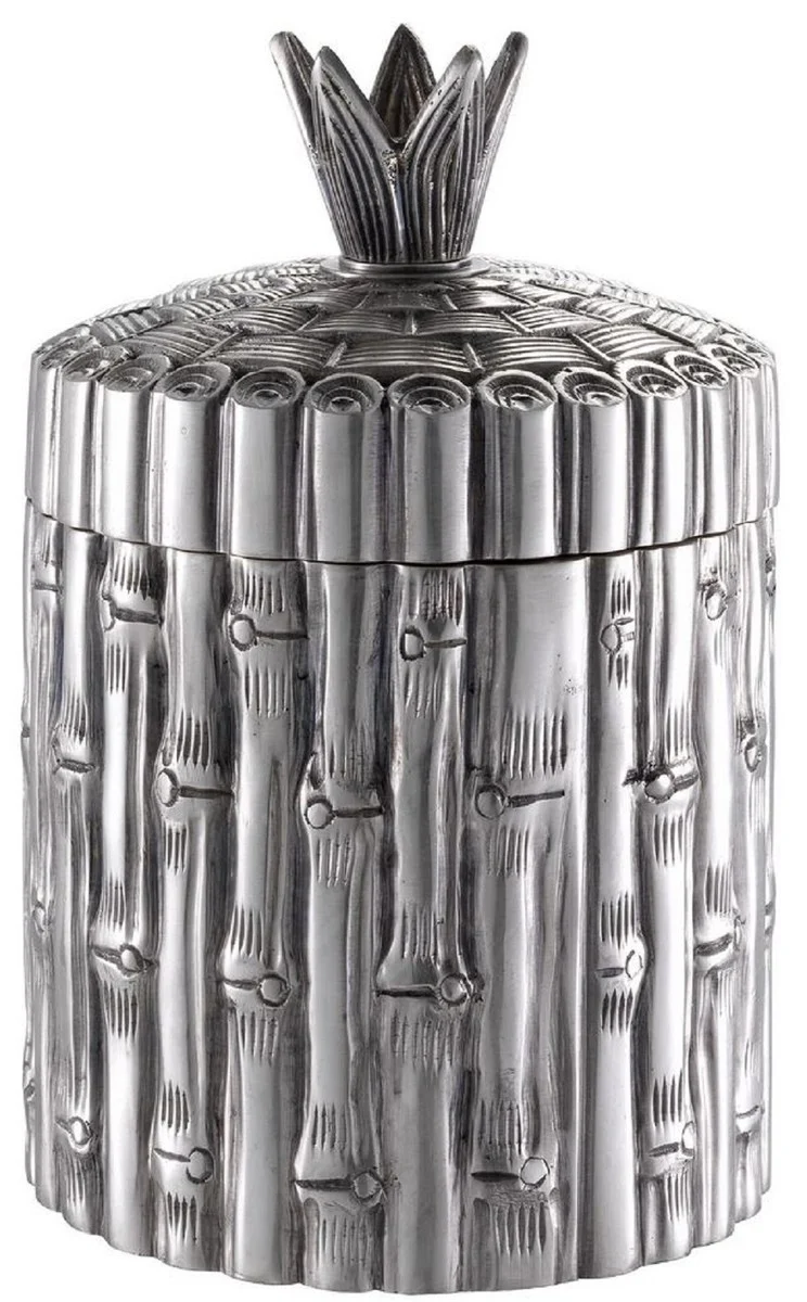 Massive Casa Padrino Luxus Aufbewahrungsbox in Bambus Optik Antik Silber Ø 14 x H. 22,5 cm - Runde Deko Dose mit Deckel