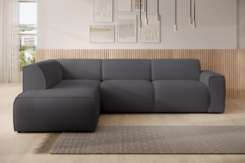 Ecksofa Bouvi L-förmig mit linker Armlehne, dunkelgrauer Bouclé-Stoff