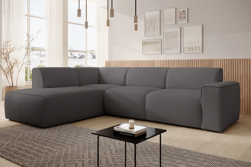 Ecksofa Bouvi L-förmig mit linker Armlehne, dunkelgrauer Bouclé-Stoff
