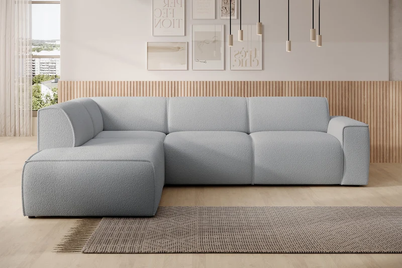 Ecksofa Bouvi L-förmig mit linker Armlehne, hellgrauer Bouclé-Stoff
