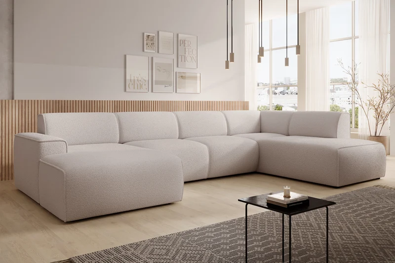 Ecksofa Bouvi U-förmig rechtsseitig hellbeige Bouclé