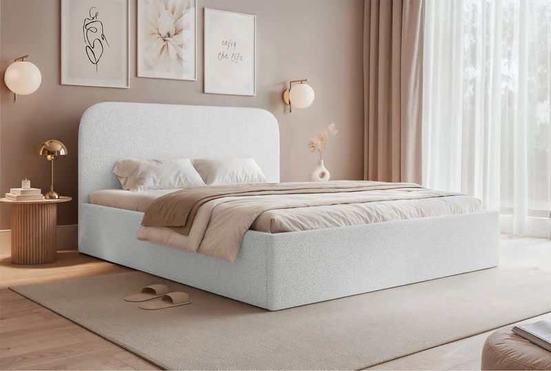 Gepolstertes Bett 140x200 cm Sonvivo mit Bettkasten, weißes Bouclé, Metallrahmen