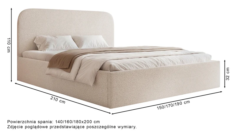 Polsterbett 180x200 cm Sonvivo mit Bettkasten, cremefarbenes Bouclé, Metallrahmen