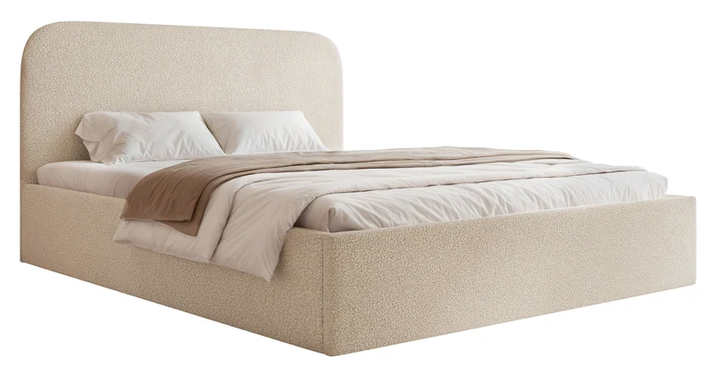 Polsterbett 180x200 cm Sonvivo mit Bettkasten, hellbeige Bouclé, Metallrahmen