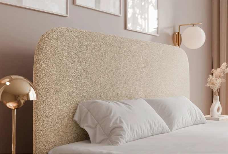 Polsterbett 180x200 cm Sonvivo mit Bettkasten, hellbeige Bouclé, Metallrahmen