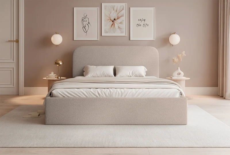Polsterbett 160x200 cm Sonvivo mit Bettkasten, beige Chenille, Metallrahmen