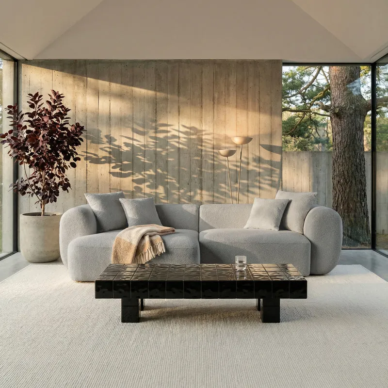Modulares Ecksofa Baomi L-förmig mit Hocker, linksseitig, hellgrauer Chenille-Stoff