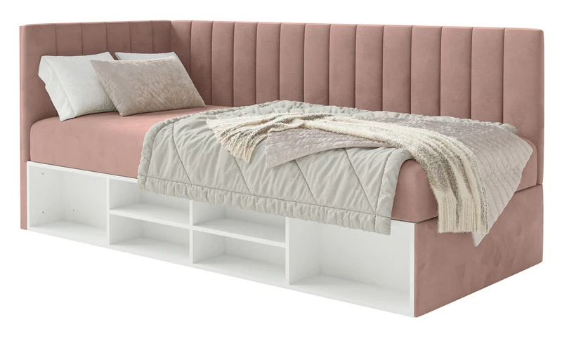 Jugendbett 90x200 cm Ventrio linksseitig mit Stauraum und Regalen, hellrosa Velours, wasserabweisend und leicht zu reinigen