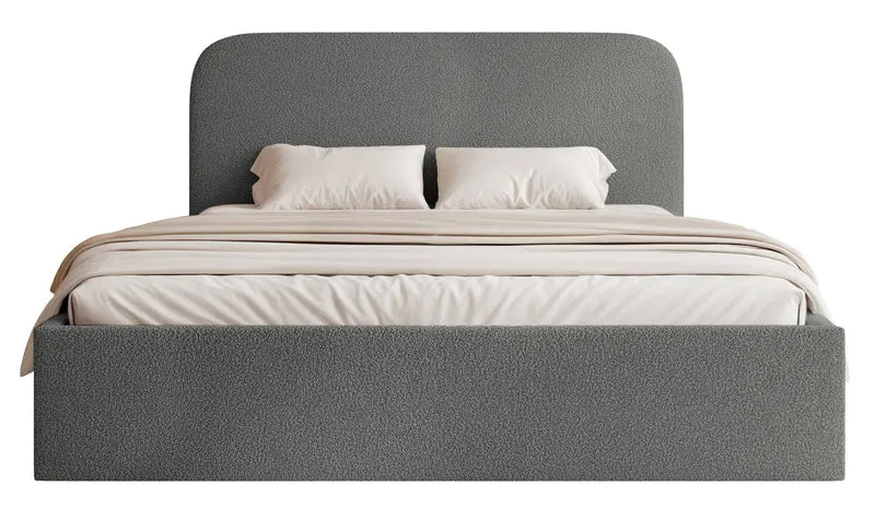Polsterbett 180x200 cm Sonvivo mit Bettkasten, dunkelgrauer Bouclé-Stoff, Metallrahmen