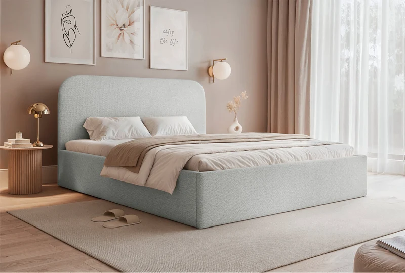Gepolstertes Bett 160x200 cm Sonvivo mit Bettkasten, hellgrauer Chenille-Bezug, Metallrahmen