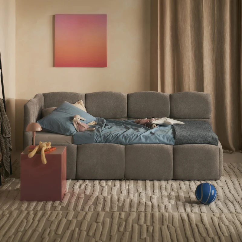Jugendbett 90x200 cm Cloudy, ausziehbar, linksseitig, mit Matratzen, hellbrauner Chenille