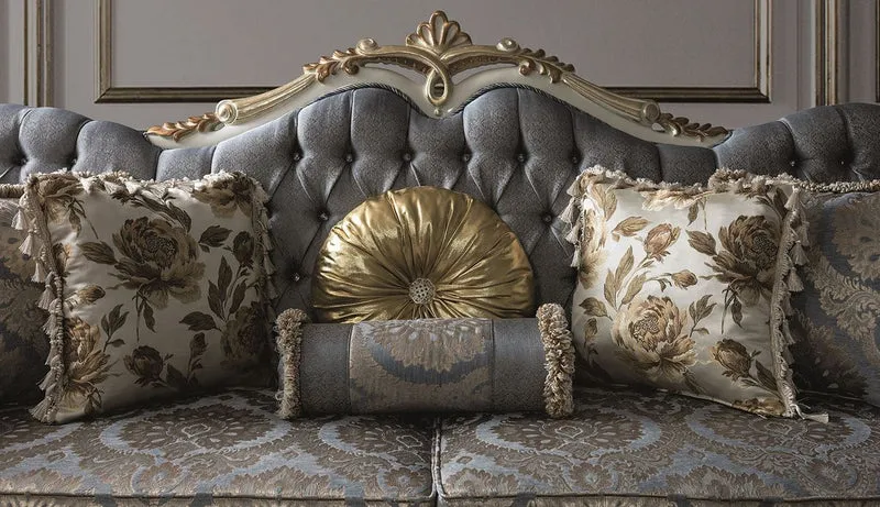 Casa Padrino Luxus Barock Wohnzimmer Sofa mit Glitzersteinen und dekorativen Kissen Blau / Weiß / Gold 220 x 85 x H. 110 cm - Edle Wohnzimmer Möbel im Barockstil