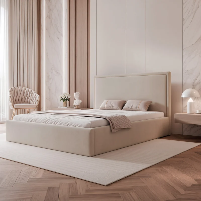 Polsterbett 140x200 cm Asurro mit Stauraum, Metallrahmen, beige Velours, wasserabweisend