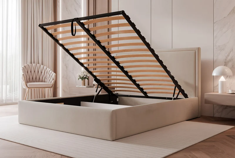 Polsterbett 140x200 cm Asurro mit Stauraum, Metallrahmen, beige Velours, wasserabweisend