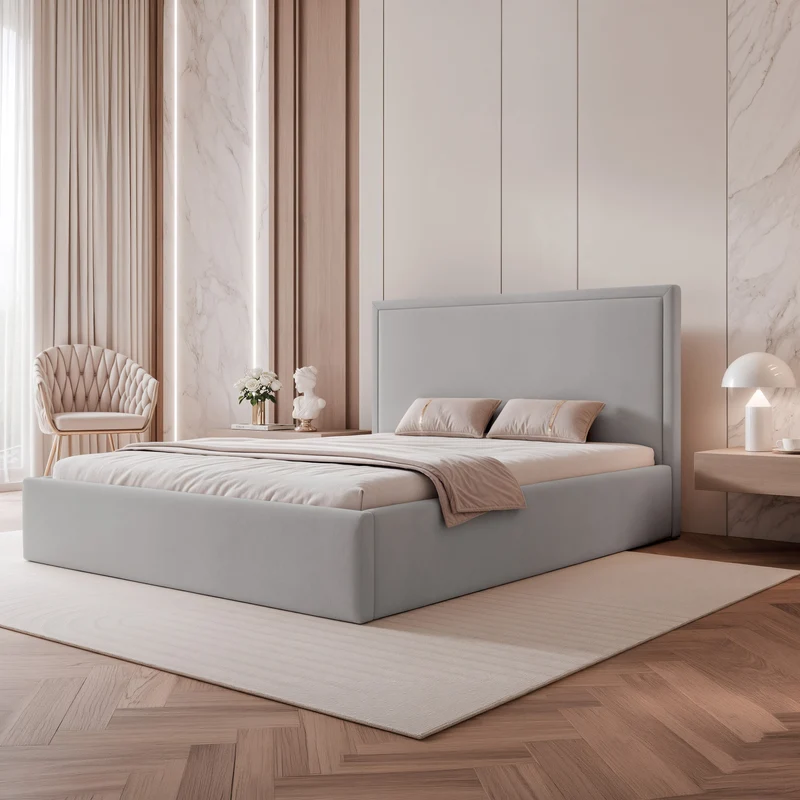 Gepolstertes Bett 160x200 cm Asurro mit Stauraum, Metallrahmen, grauer, wasserabweisender Samt