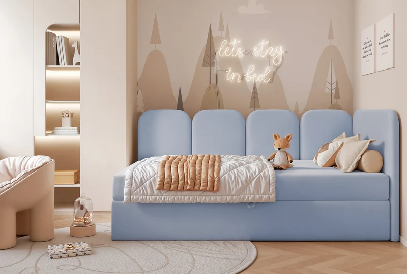 Jugendbett 90x200 cm Nubini rechtsseitig mit Stauraum, hellblauer, hydrophober Samt